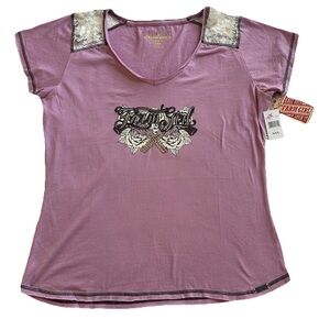 NWT Farm Girl Guns Roses Graphic T-Shirt Light Purple Lace Shoulder Bling XXL